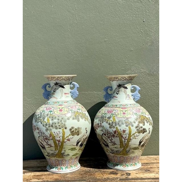 Chinoiserie Vintage Asian Hand Painted Crane Urns - A Pair For Sale - Image 3 of 12