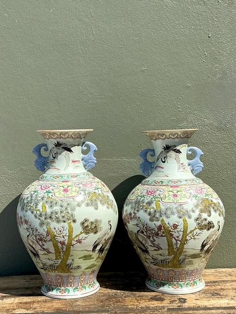 Vintage Asian Hand Painted Crane Urns - A Pair - Side view