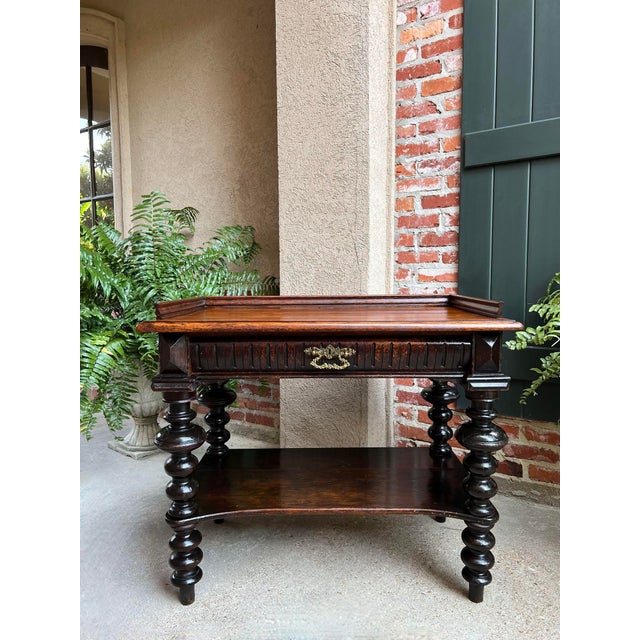 Antique English Hall Sofa Table Sideboard Carved Oak Bobbin Leg C1910 For Sale - Image 4 of 12