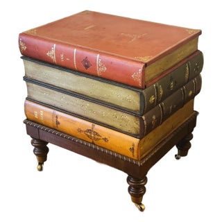 Vintage Italian Tooled Leather Stacked Book Side Table For Sale