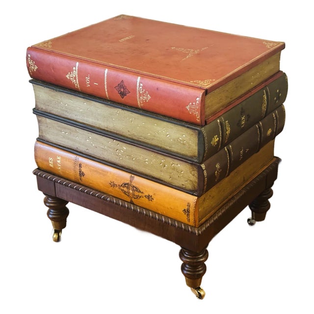Vintage Italian Tooled Leather Stacked Book Side Table For Sale