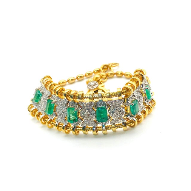 English Bochic “Vintage Retro” Diamonds & Emeralds Bracelet Set In 18K Gold & Silver For Sale - Image 3 of 14