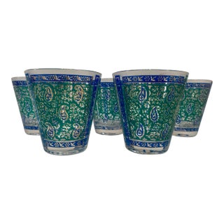 Vintage Georges Briard Gilt Green & Blue Paisley Glasses - Set of 5 For Sale