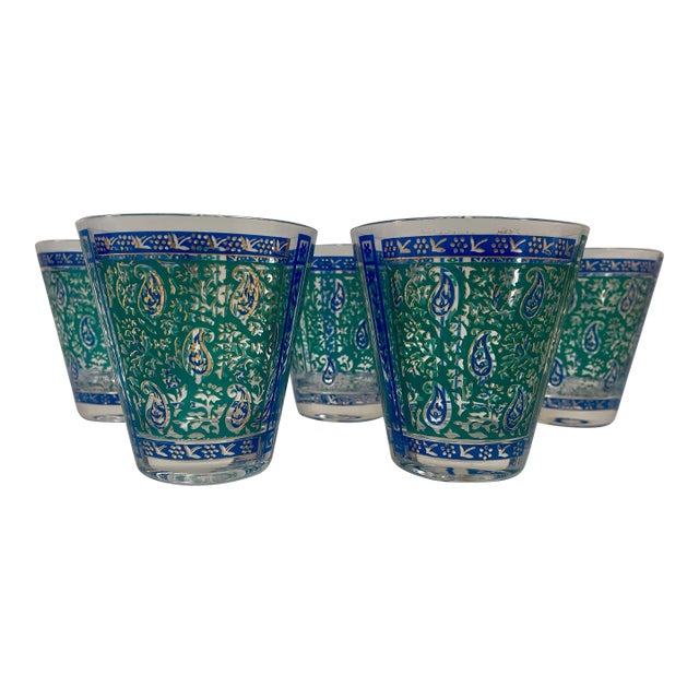 Vintage Georges Briard Gilt Green & Blue Paisley Glasses - Set of 5 For Sale