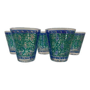 Vintage Georges Briard Gilt Green & Blue Paisley Glasses - Set of 5