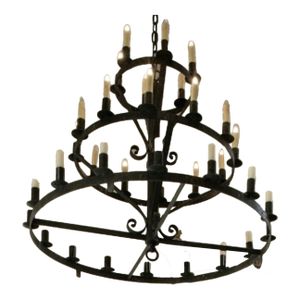 19th C. Antique Wrought--Iron 3-Tier Chandelier, XL