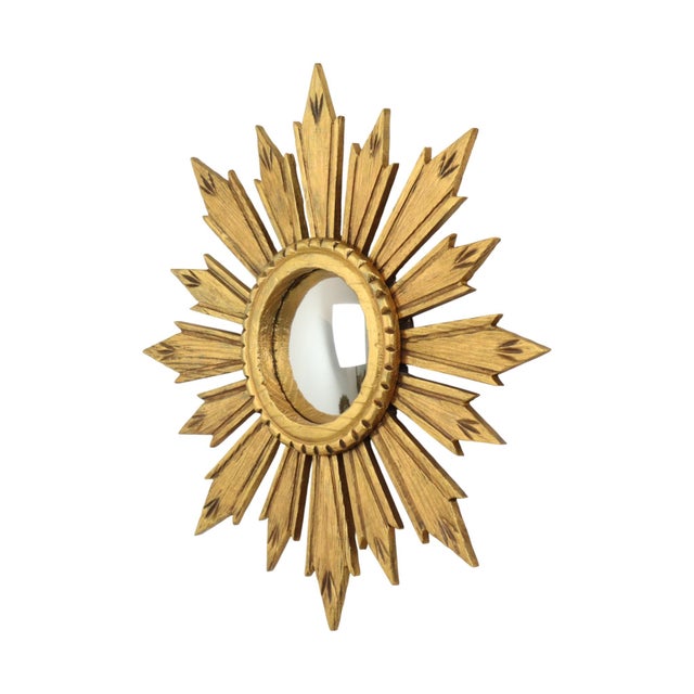Mid-Century Modern Vintage Wooden Sunburst Sun Mirror in Convex, France, 1950s For Sale - Image 3 of 17