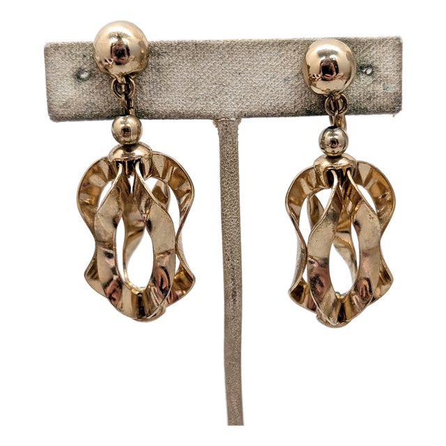 Vintage 1955 Signed Napier Book Piece Goldtone "Garland" Drop Clip Earrings-2 Pieces For Sale