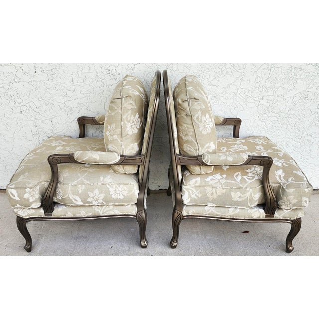 Vintage French Louis XV Armchairs Damask Linen Pair For Sale - Image 10 of 16
