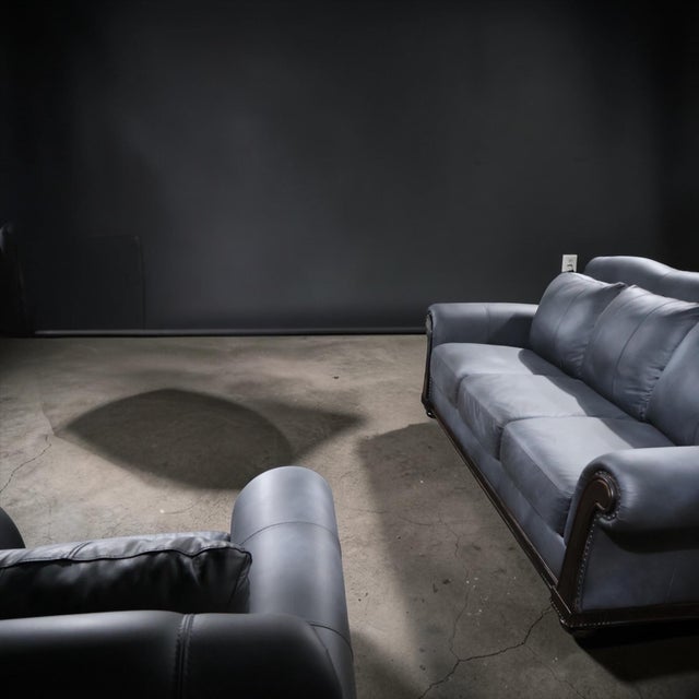 2020s Restored Dark Charcoal Leather Sofa & Club Chair Set – Classic Rolled Arm Design For Sale - Image 5 of 11