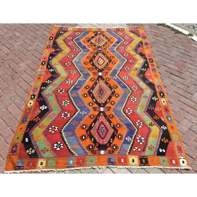 Blue and Orange Vintage Turkish Kilim Rug - 64.5" X 110" For Sale - Image 10 of 10