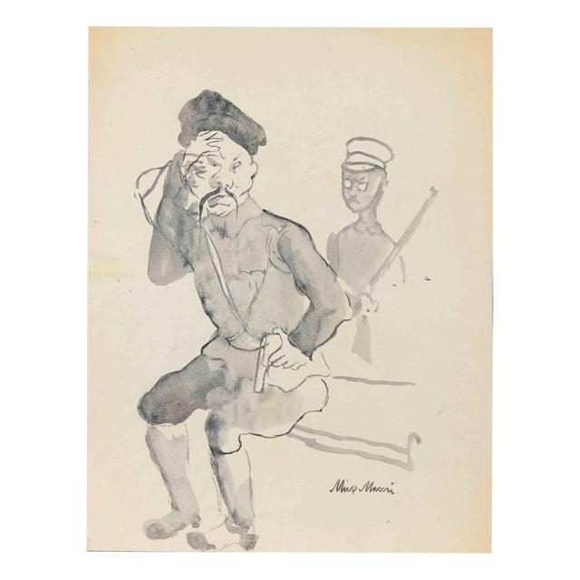 Mino Maccari, Asian Soldiers, 1950s, Watercolor For Sale
