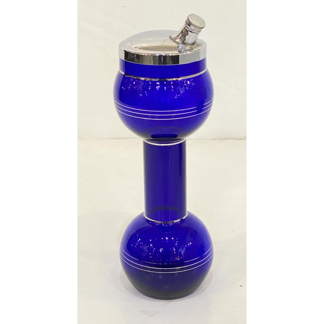 Blue Mid 20th Century Art Deco Era Cobalt Blue Glass Barbell Martini Cocktail Shaker Set From France For Sale - Image 8 of 11