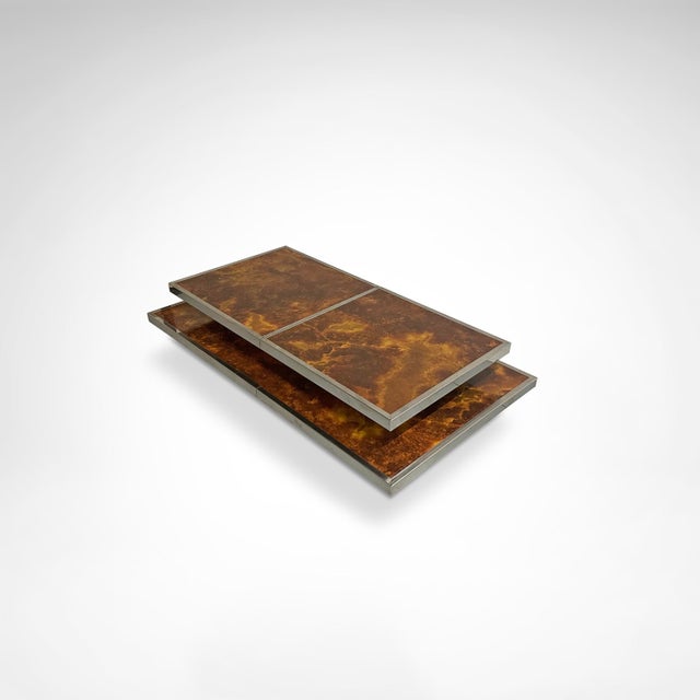 Sliding Two-Tier Burl Wood and Metal Coffee Table with Integrated Bar, 1980s For Sale - Image 6 of 9