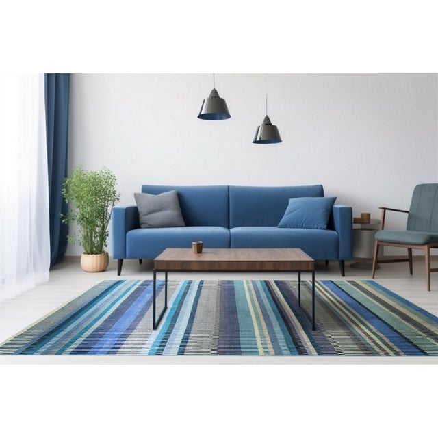 Beige 6x9 Louie Ophelia Ocean Blue Classic Stripe Handmade Wool Carpet Rug For Sale - Image 8 of 9