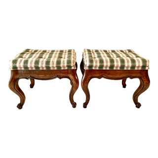 Pair of Traditional French Provincial Plaid Tartan Bench Ottomans For Sale