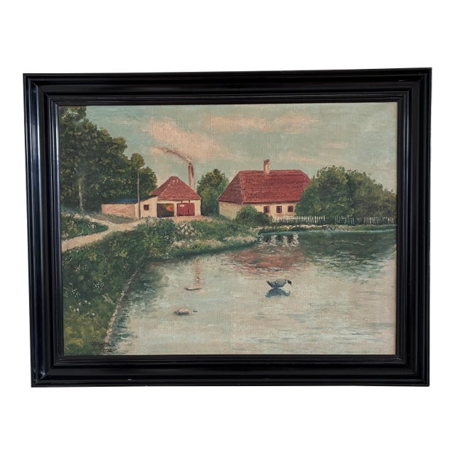 Vintage Original Landscape Oil Painting, Signed Farmhouse Art For Sale