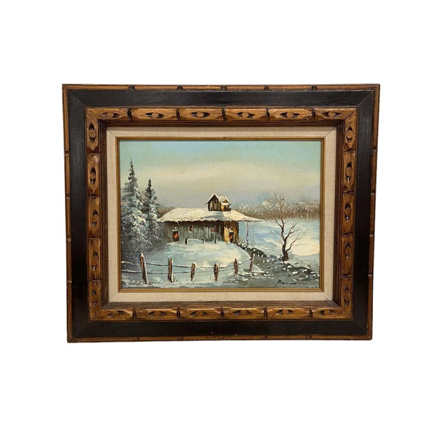 Brown Vintage Signed Painting of Winter Landscape with Cabin, Framed For Sale - Image 8 of 8