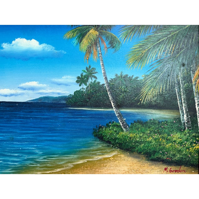 Tropical Beach Oil Painting Signed M Gordon, Palm Tree Seascape, Caribbean Coast For Sale - Image 9 of 13