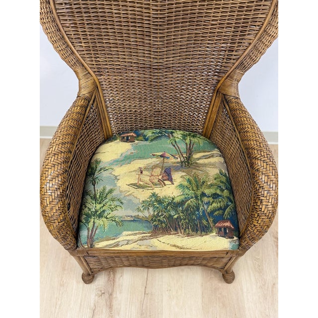 Brown Coastal Wicker Rattan Chair Vintage Beach Scene Cushion Boho Accent Outdoor For Sale - Image 8 of 10