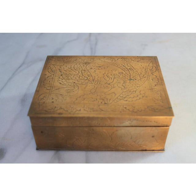 Hollywood Regency Vintage Etched Brass Chinese Trinket Box W/ Dragon Motif For Sale - Image 3 of 11