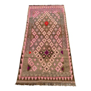 Afghan Kilim Accent Rug, Handwoven Wool, 3x6, Brown & Pink For Sale