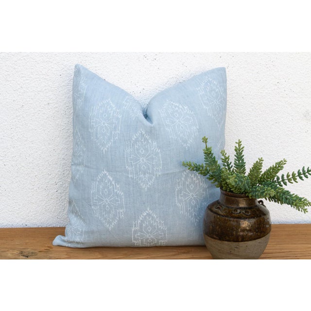 Textile Powder Blue Jaipur Blockprint Linen Pillow Cover For Sale - Image 7 of 7