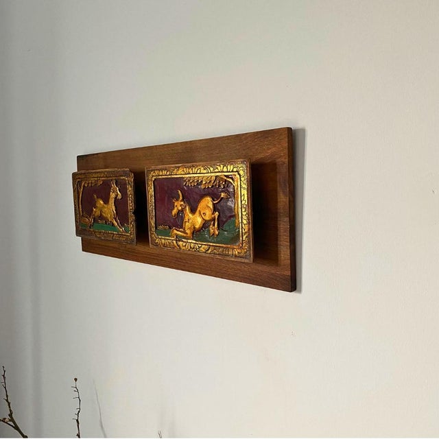 Chinoiserie Sculptural Wall Art – Antique Chinese Giltwood Carved Panel, Deer & Ox, Double For Sale - Image 3 of 9