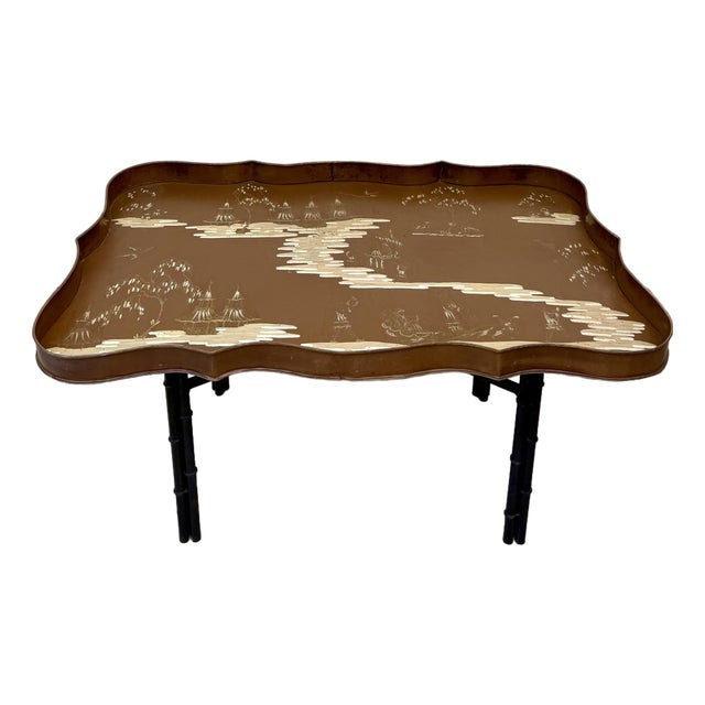 Vintage Italian Chinoiserie Tole Tray Coffee Table With Faux Bamboo Base For Sale