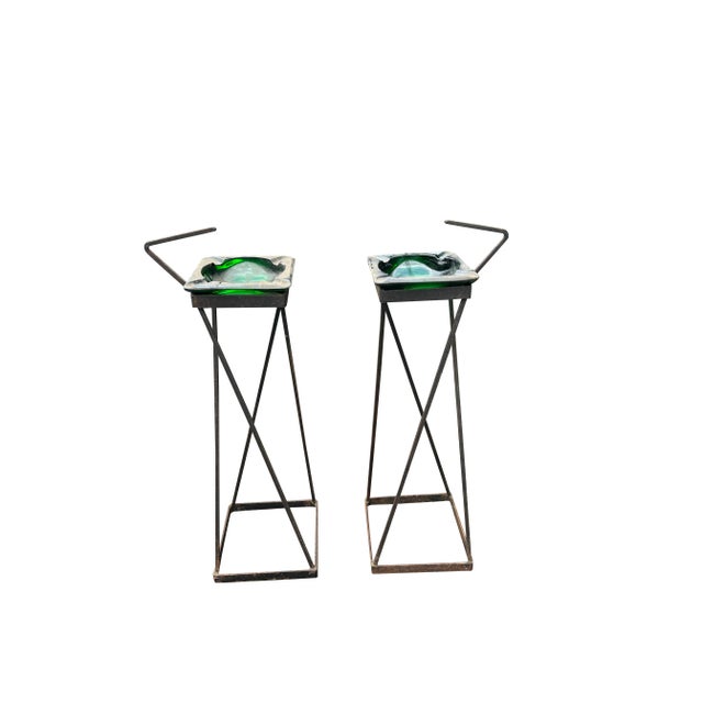 Mid Century Modern Vintage Cigar Type Floor Ashtray in Iron and Green Glass Very unique modern form! Has handle so to...