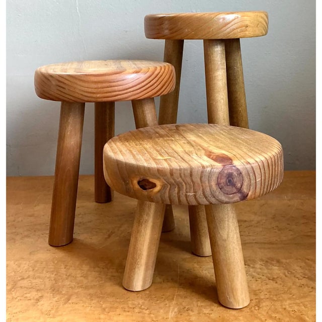 Contemporary Vintage Wood Tripod Stools - Set of Three For Sale - Image 3 of 12