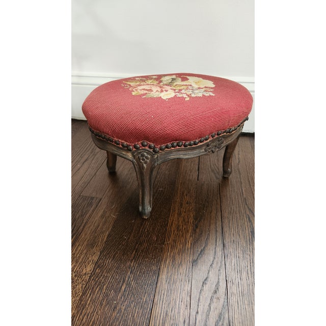 Oxblood Red Early 20th Century Vintage Floral Needlepoint Footstool For Sale - Image 8 of 12