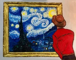 Starry Night at the Museum, Contemporary Original Oil Painting by L Haas