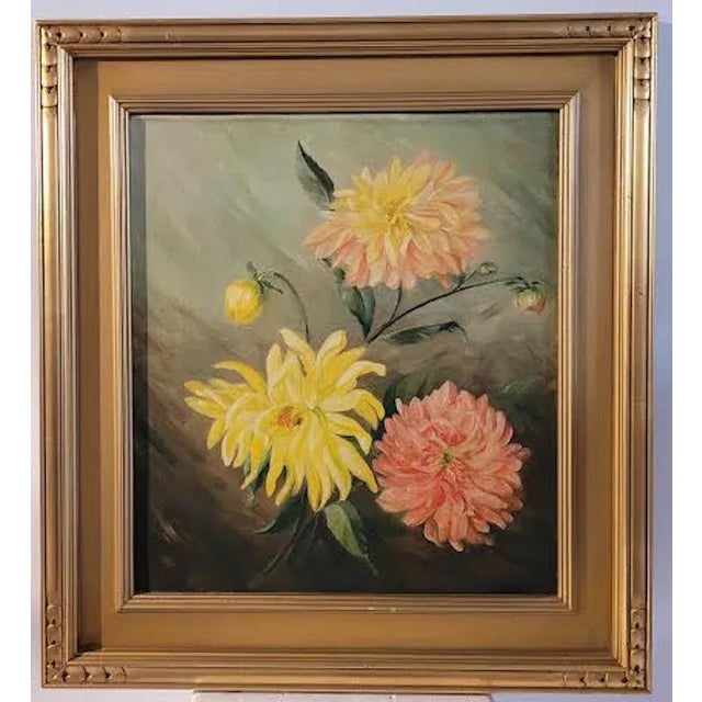 Beautiful Early 20th C oil painting of Chrysanthemums. Nicely Framed in an Arts & Crafts Lemon gold wood frame.