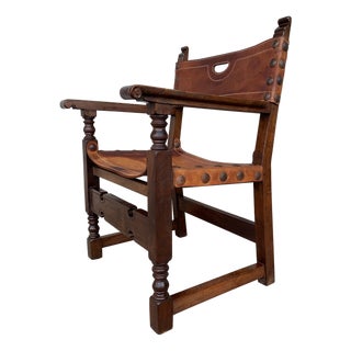 19th Spanish Colonial Throne Armchair with Leather For Sale