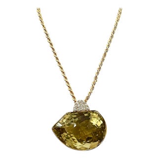 240 Carat Citrine & Diamond Pendent or Necklace 14 Karat Yellow Gold with Chain For Sale