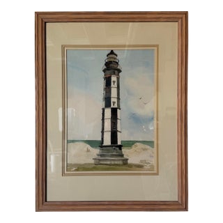 1990’s Joanna Krasnansky Coastal Lighthouse Watercolor Painting, Framed Under Glass For Sale