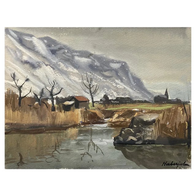 Gabriel Eduard Haberjahn, River and Snowy Mountain, 1920s, Watercolor For Sale