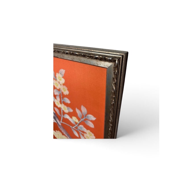 Framed Hand-Painted Panel With Long-Tailed Birds & Peonies on Orange Silk For Sale In Los Angeles - Image 6 of 9