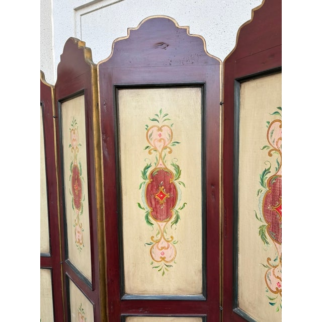 Burgundy Italian Neoclassical Hand Painted Wood Four Panel Screen, 1950s For Sale - Image 8 of 17