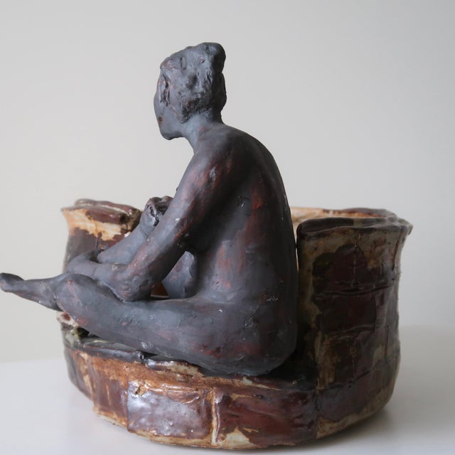 Contemporary Mid 20th Century Signed Fine Art Ceramic Sculpture of Seated Figure on Textured Brick-Inspired Glaze and Integrated Platform For Sale - Image 3 of 12