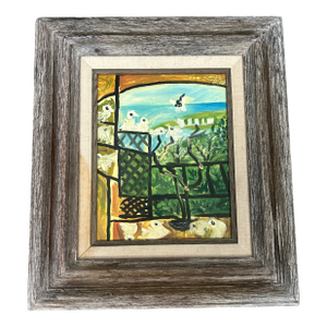 1970’s Original Modernist Abstract Landscape Painting With Vintage Distressed Wood Frame