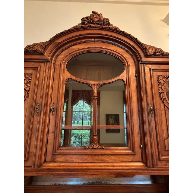 Antique French Carved Walnut Buffet a Deux Corps With Rouge Marble Top For Sale - Image 4 of 12