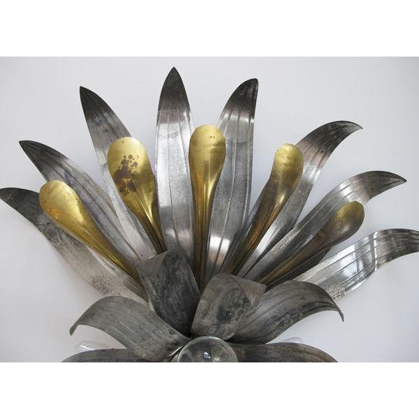 A Pair of American Art Deco Tole & Brass Foliate-Form Sconces Centering Glass Spheres For Sale - Image 10 of 10