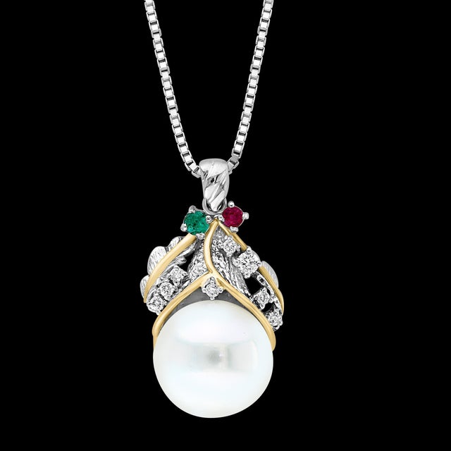 14mm South Sea Cultured Pearl & Diamond 18 K Gold Two Tone Pendant + Chain 14 KG For Sale - Image 13 of 18