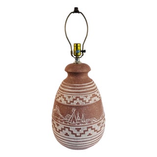 Vintage 1980s Southwestern-Style Terracotta Pottery Base W/ Teepee & Mountains Table Lamp For Sale