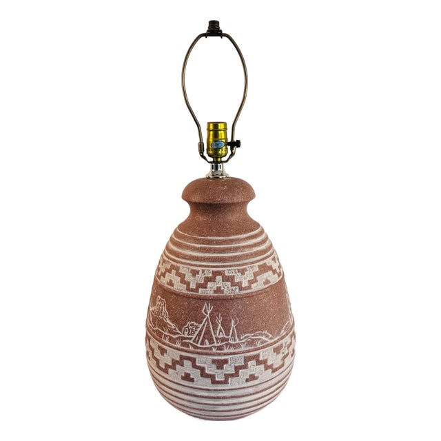 Vintage 1980s Southwestern-Style Terracotta Pottery Base W/ Teepee & Mountains Table Lamp For Sale