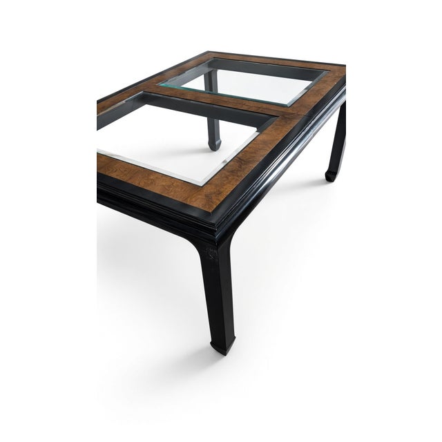 1970s 1970s Attributed to Chin Hua by Raymond Sobota for Century — Black Lacquer & Burl Glass-Top Extension Table, Model 540-333 For Sale - Image 5 of 11