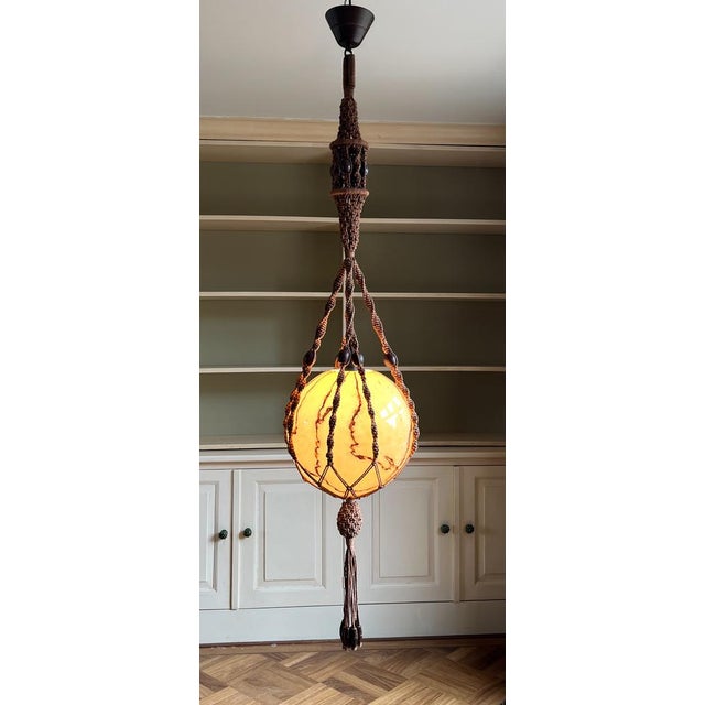 Mid-Century Modern Braided Macramé Sisal and Marbled Glass Globe Pendant Lamp by Temde, 1970s For Sale - Image 3 of 18