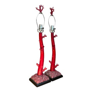 Vintage Red Coral Branch Table Lamps - Pair For Sale
